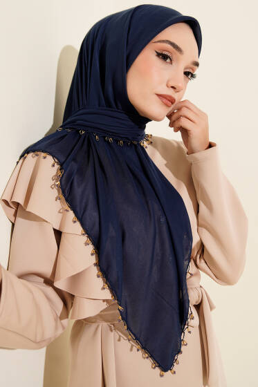 Mini Boncuk Detaylı Eşarp Lacivert - Başörtüsü