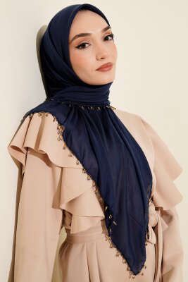 Mini Boncuk Detaylı Eşarp Lacivert - Başörtüsü