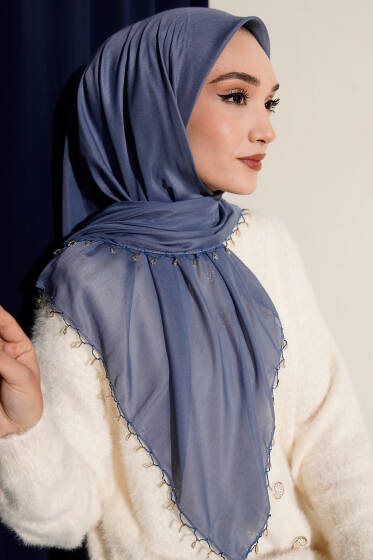 Mini Boncuk Detaylı Eşarp Mavi - Başörtüsü