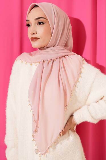 Mini Boncuk Detaylı Eşarp Pudra - Başörtüsü