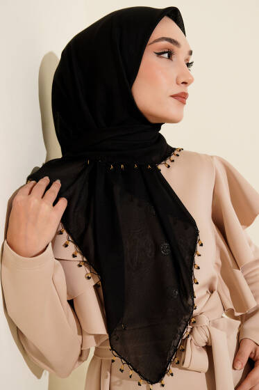Mini Boncuk Detaylı Eşarp Siyah - Başörtüsü