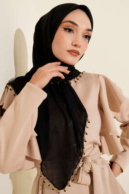 Mini Boncuk Detaylı Eşarp Siyah - Başörtüsü