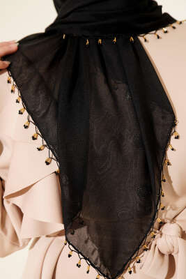 Mini Boncuk Detaylı Eşarp Siyah - Başörtüsü