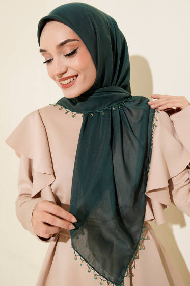 Mini Boncuk Detaylı Eşarp Zümrüt - Başörtüsü