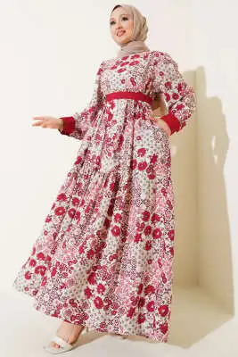 Mini Çiçek Desenli Elbise Bordo - Tesettür Elbise