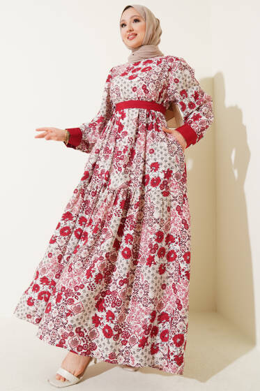 Mini Çiçek Desenli Elbise Bordo - Tesettür Elbise