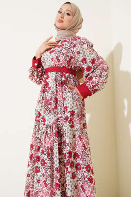 Mini Çiçek Desenli Elbise Bordo - Tesettür Elbise