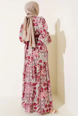 Mini Çiçek Desenli Elbise Bordo - Tesettür Elbise