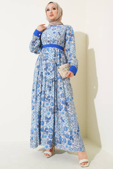 Mini Çiçek Desenli Elbise Saks - Elbise