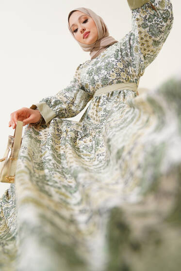 Mini Çiçek Desenli Elbise Yeşil - Elbise