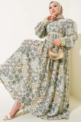 Mini Çiçek Desenli Elbise Yeşil - Tesettür Elbise