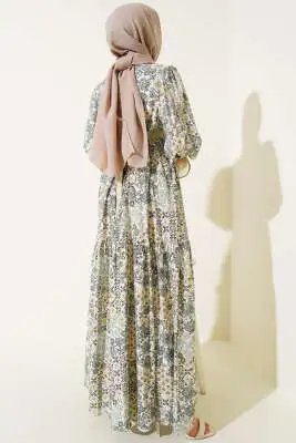 Mini Çiçek Desenli Elbise Yeşil - Tesettür Elbise