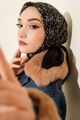 Mini Çiçek Desenli Eşarp Antrasit 