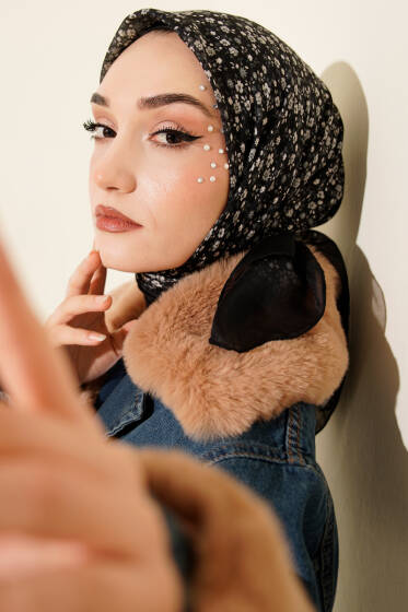 Mini Çiçek Desenli Eşarp Antrasit - Günün Seçilenleri