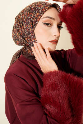 Mini Çiçek Desenli Eşarp Kahve 