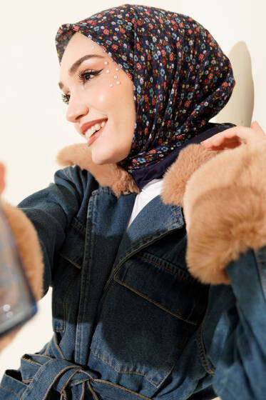 Mini Çiçek Desenli Eşarp Lacivert - Günün Seçilenleri