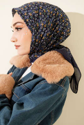 Mini Çiçek Desenli Eşarp Lacivert Mavi - Başörtüsü