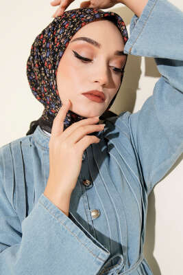 Mini Çiçek Desenli Eşarp Siyah - Başörtüsü