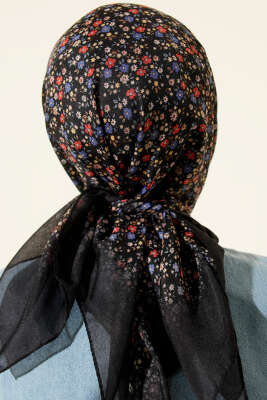 Mini Çiçek Desenli Eşarp Siyah - Başörtüsü