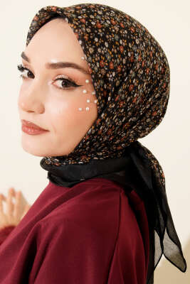 Mini Çiçek Desenli Eşarp Siyah Füme - Başörtüsü