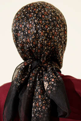 Mini Çiçek Desenli Eşarp Siyah Füme - Başörtüsü