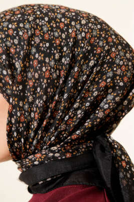 Mini Çiçek Desenli Eşarp Siyah Füme - Başörtüsü