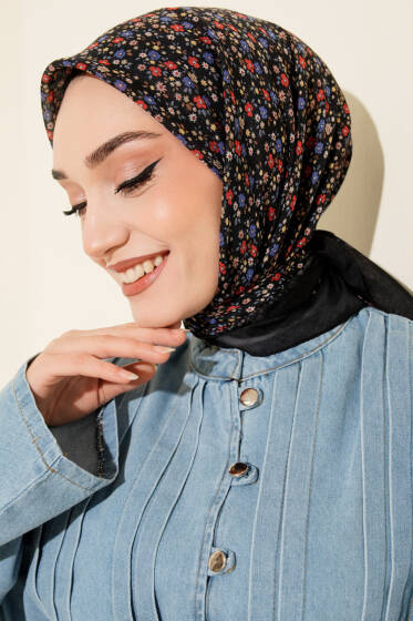 Mini Çiçek Desenli Eşarp Siyah - Günün Seçilenleri