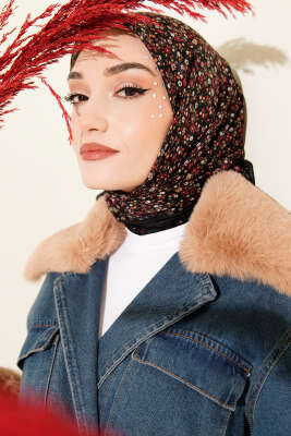 Mini Çiçek Desenli Eşarp Siyah Mavi - Başörtüsü