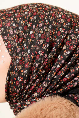 Mini Çiçek Desenli Eşarp Siyah Mavi - Başörtüsü