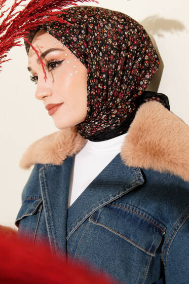 Mini Çiçek Desenli Eşarp Siyah Mavi - Günün Seçilenleri