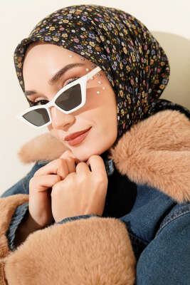 Mini Çiçek Desenli Eşarp Siyah Pembe - Başörtüsü