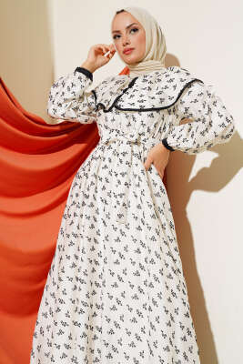 Mini Çiçek Desenli Kuşaklı Elbise Ekru - Tesettür Elbise