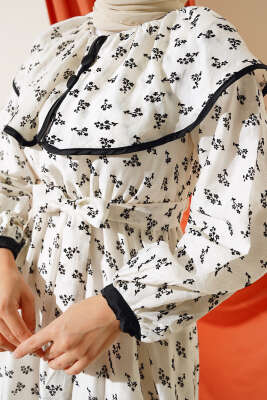 Mini Çiçek Desenli Kuşaklı Elbise Ekru - Tesettür Elbise