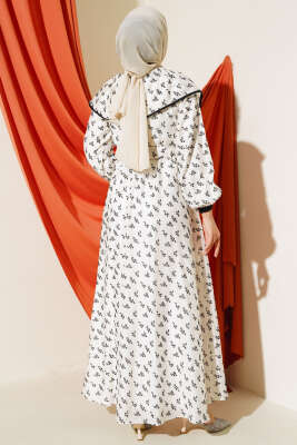 Mini Çiçek Desenli Kuşaklı Elbise Ekru - Tesettür Elbise