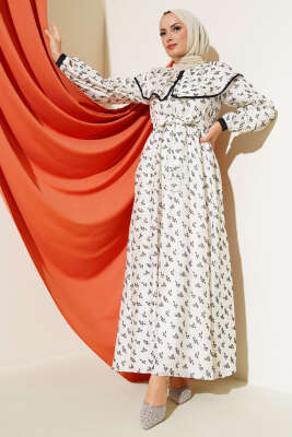 Mini Çiçek Desenli Kuşaklı Elbise Ekru - HEWES