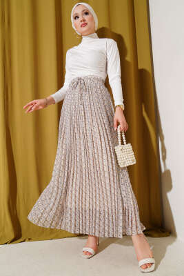 Mini Çiçek Desenli Pileli Şifon Etek Bej - Uzun Etek