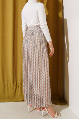 Mini Çiçek Desenli Pileli Şifon Etek Bej - Uzun Etek