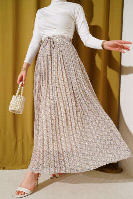 Mini Çiçek Desenli Pileli Şifon Etek Bej 