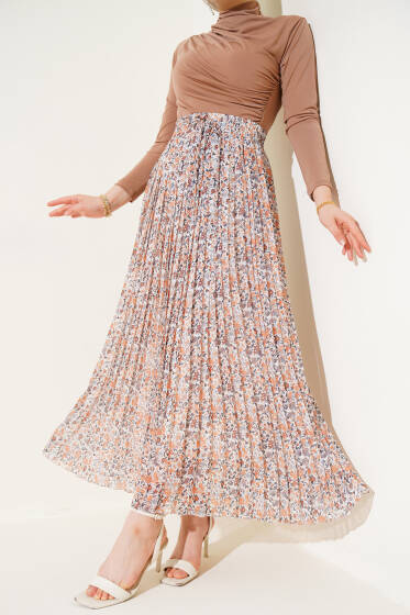 Mini Çiçek Desenli Pileli Şifon Etek Hardal - Etek