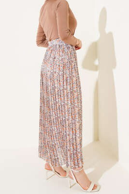 Mini Çiçek Desenli Pileli Şifon Etek Hardal - Uzun Etek