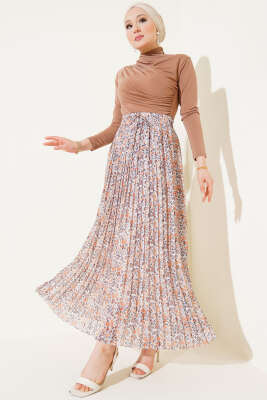 Mini Çiçek Desenli Pileli Şifon Etek Hardal - Uzun Etek