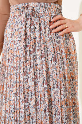 Mini Çiçek Desenli Pileli Şifon Etek Hardal - Uzun Etek