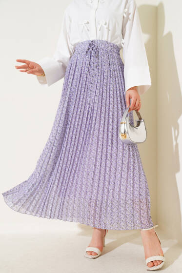 Mini Çiçek Desenli Pileli Şifon Etek Lila - Etek