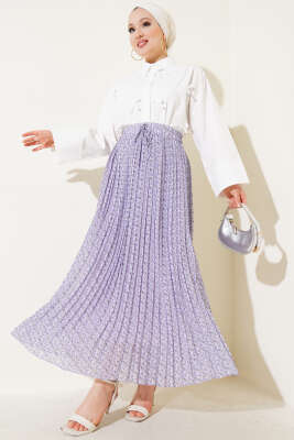 Mini Çiçek Desenli Pileli Şifon Etek Lila - Uzun Etek