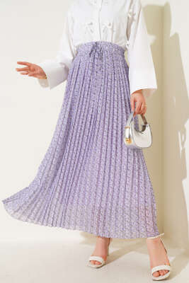 Mini Çiçek Desenli Pileli Şifon Etek Lila 