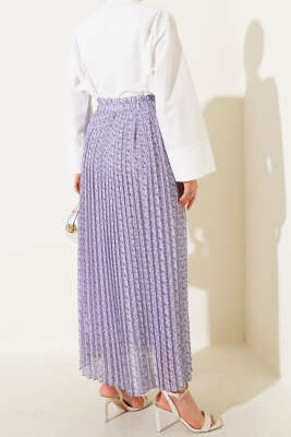 Mini Çiçek Desenli Pileli Şifon Etek Lila - Uzun Etek