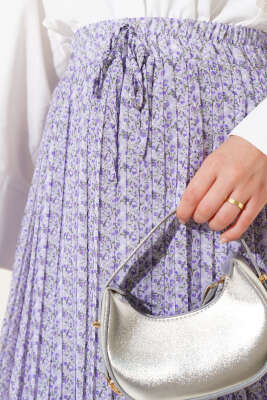 Mini Çiçek Desenli Pileli Şifon Etek Lila - Uzun Etek