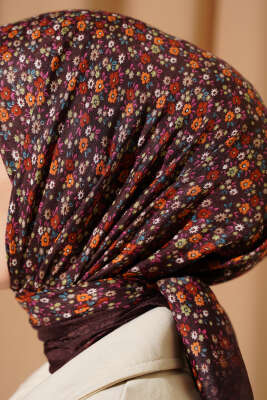 Mini Çiçek Detaylı Eşarp Acı Kahve - Başörtüsü