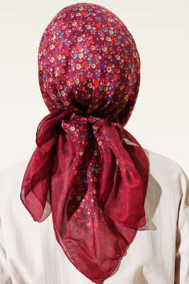 Mini Çiçek Detaylı Eşarp Bordo - Başörtüsü
