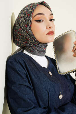 Mini Çiçek Detaylı Eşarp Gri - SİNEM EŞARP